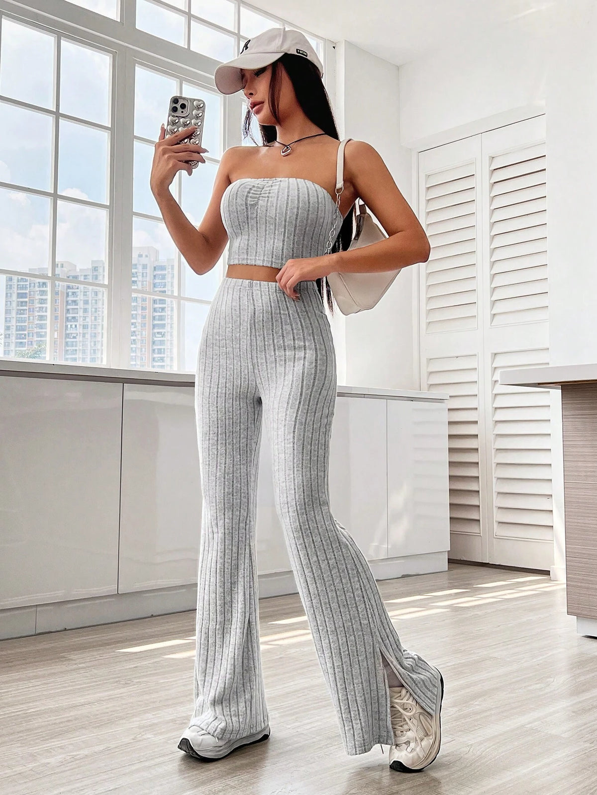 Solid Tube Top & Split Hem Flare Leg Pants