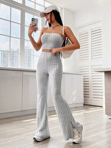 Solid Tube Top & Split Hem Flare Leg Pants