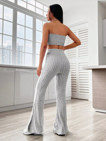 Solid Tube Top & Split Hem Flare Leg Pants