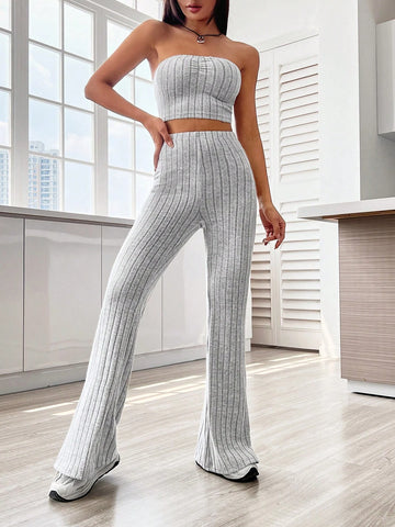 Solid Tube Top & Split Hem Flare Leg Pants