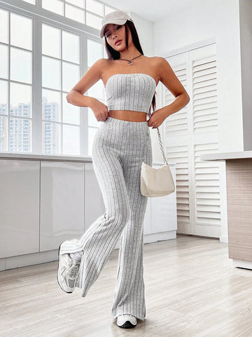 Solid Tube Top & Split Hem Flare Leg Pants