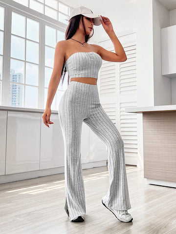 Solid Tube Top & Split Hem Flare Leg Pants
