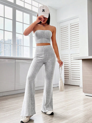 Solid Tube Top & Split Hem Flare Leg Pants