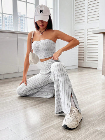Solid Tube Top & Split Hem Flare Leg Pants