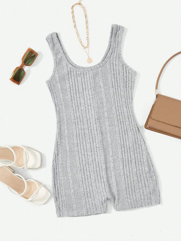 Solid Ribbed Knit Unitard Romper
