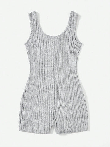 Solid Ribbed Knit Unitard Romper