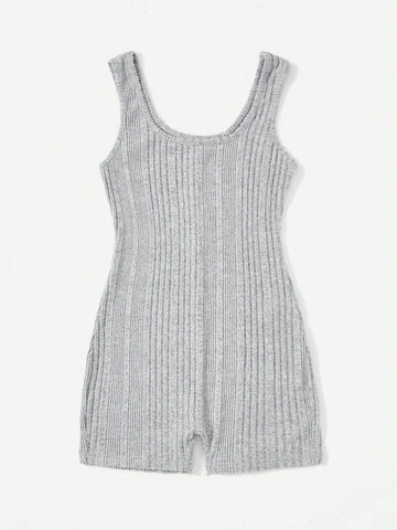 Solid Ribbed Knit Unitard Romper