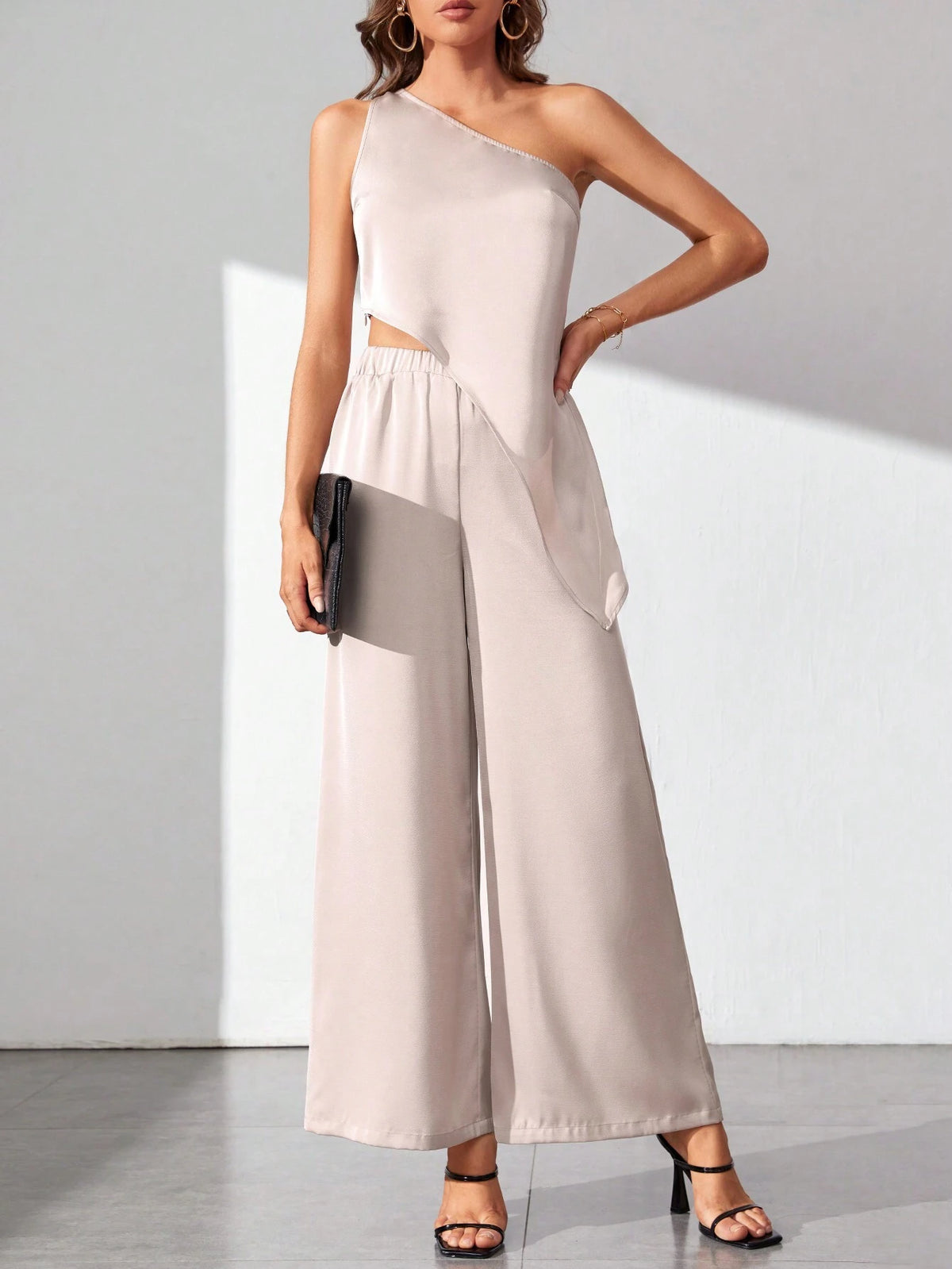 One Shoulder Asymmetrical Hem Top & Wide Leg Pants