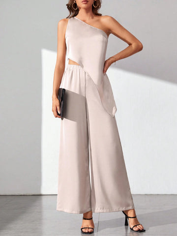 One Shoulder Asymmetrical Hem Top & Wide Leg Pants