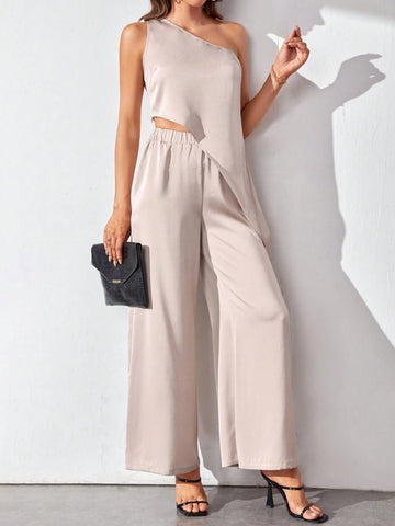 One Shoulder Asymmetrical Hem Top & Wide Leg Pants