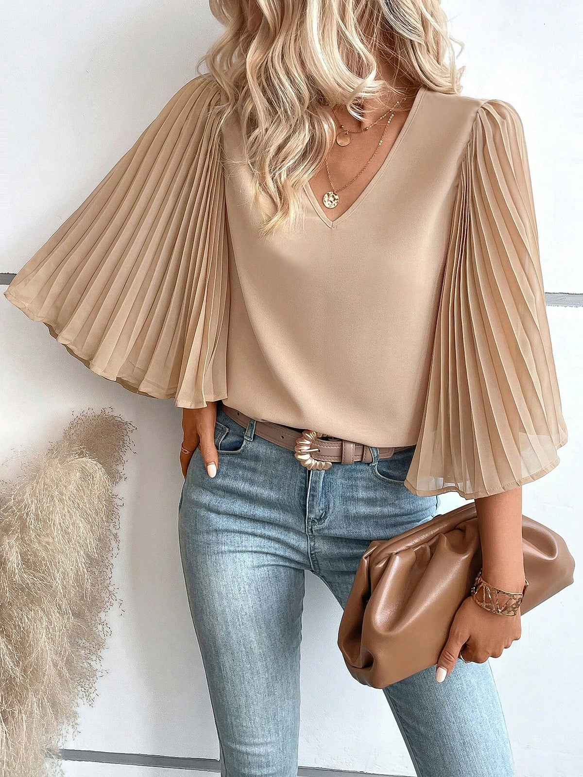Solid Pleated Sleeve V Neck Blouse