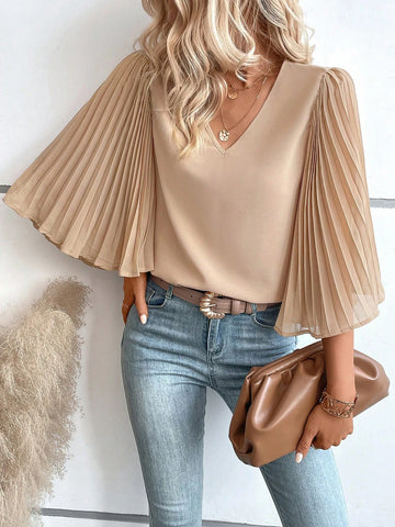 Solid Pleated Sleeve V Neck Blouse