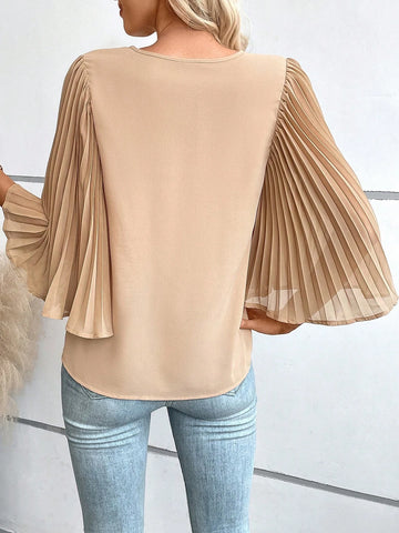 Solid Pleated Sleeve V Neck Blouse