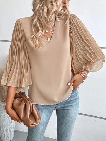 Solid Pleated Sleeve V Neck Blouse