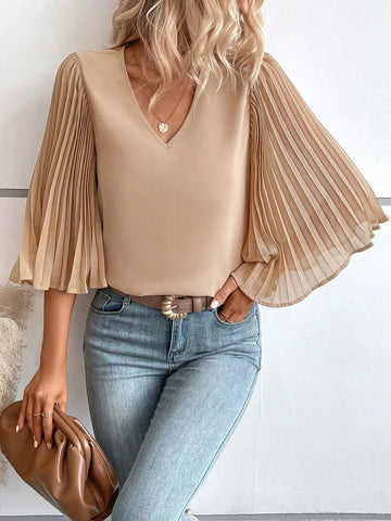Solid Pleated Sleeve V Neck Blouse