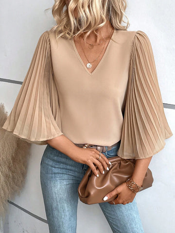 Solid Pleated Sleeve V Neck Blouse