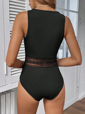 EMERY ROSE Contrast Lace Tank Bodysuit