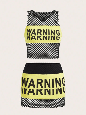 Letter Graphic Fishnet Insert Crop Tank Top & Bodycon Skirt