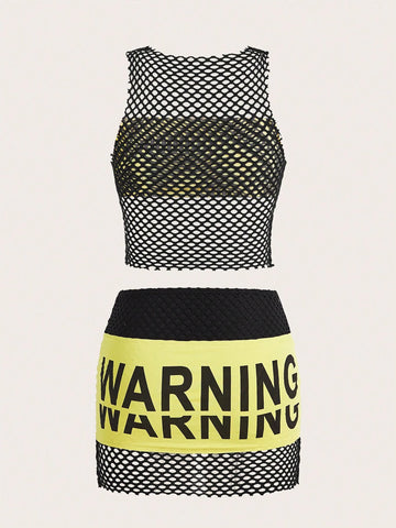 Letter Graphic Fishnet Insert Crop Tank Top & Bodycon Skirt