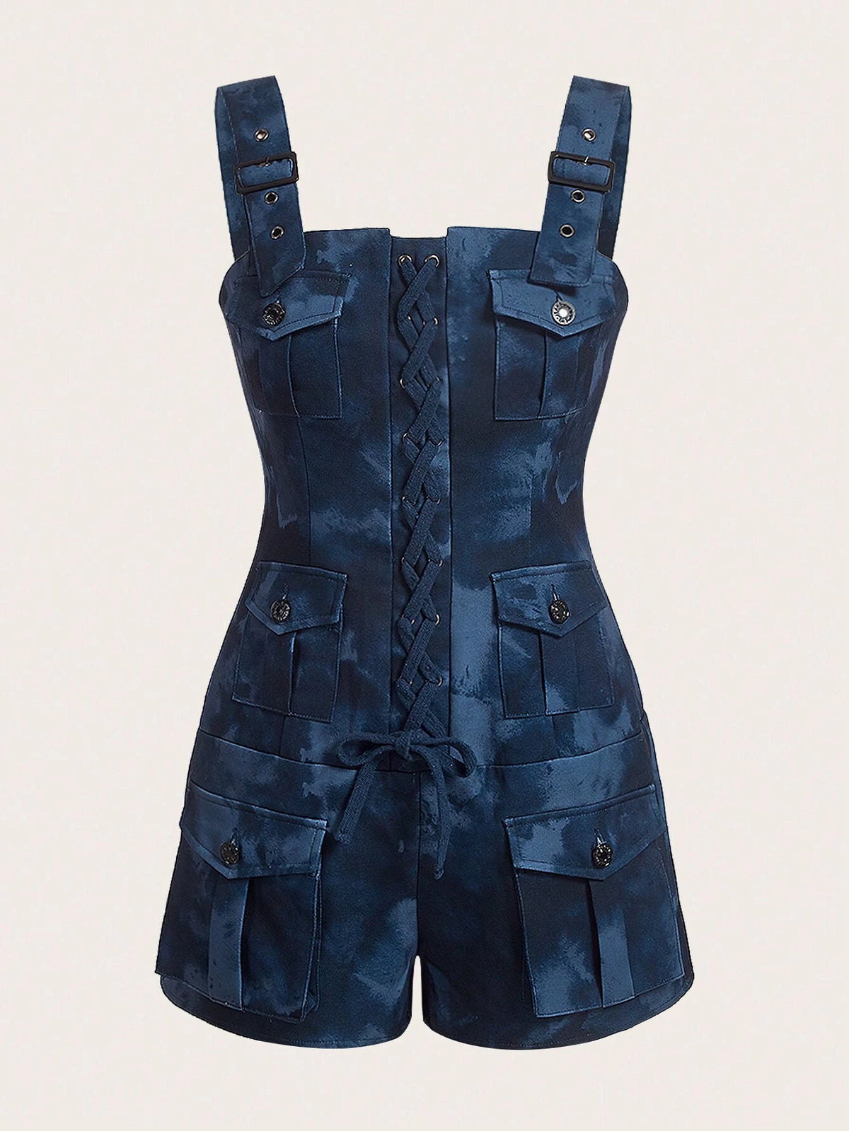 Lace Up Front Flap Pocket Overall Romper