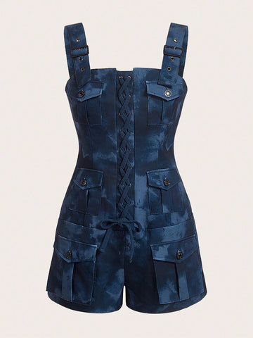 Lace Up Front Flap Pocket Overall Romper