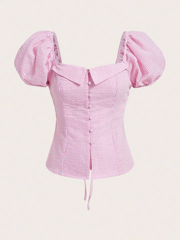 Striped Puff Sleeve Button Front Blouse