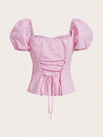 Striped Puff Sleeve Button Front Blouse