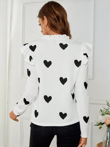 Heart Print Ruffle Trim Mock Neck Tee