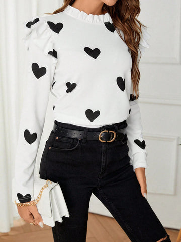 Heart Print Ruffle Trim Mock Neck Tee