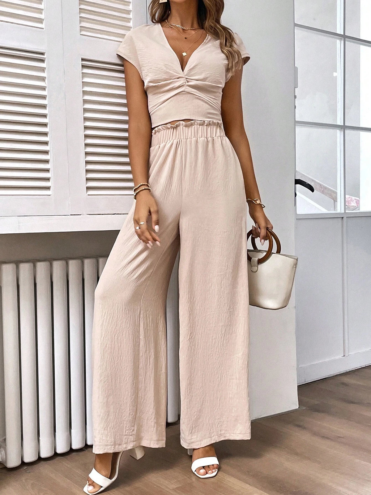 Twist Front Batwing Sleeve Top & Paperbag Waist Wide Leg Pants