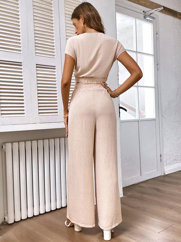 Twist Front Batwing Sleeve Top & Paperbag Waist Wide Leg Pants
