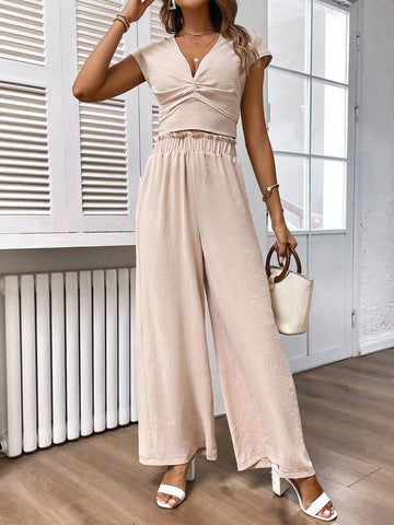 Twist Front Batwing Sleeve Top & Paperbag Waist Wide Leg Pants