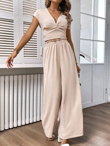 Twist Front Batwing Sleeve Top & Paperbag Waist Wide Leg Pants