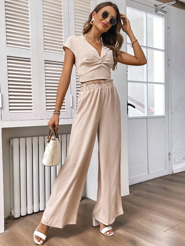 Twist Front Batwing Sleeve Top & Paperbag Waist Wide Leg Pants