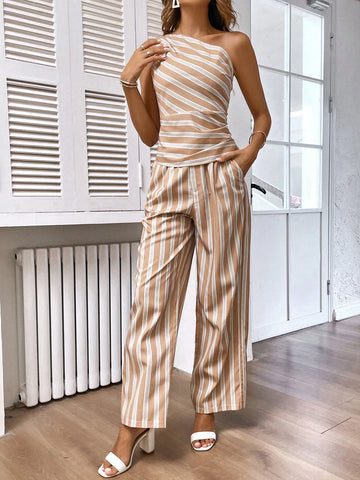 Striped One Shoulder Ruched Top & Pants