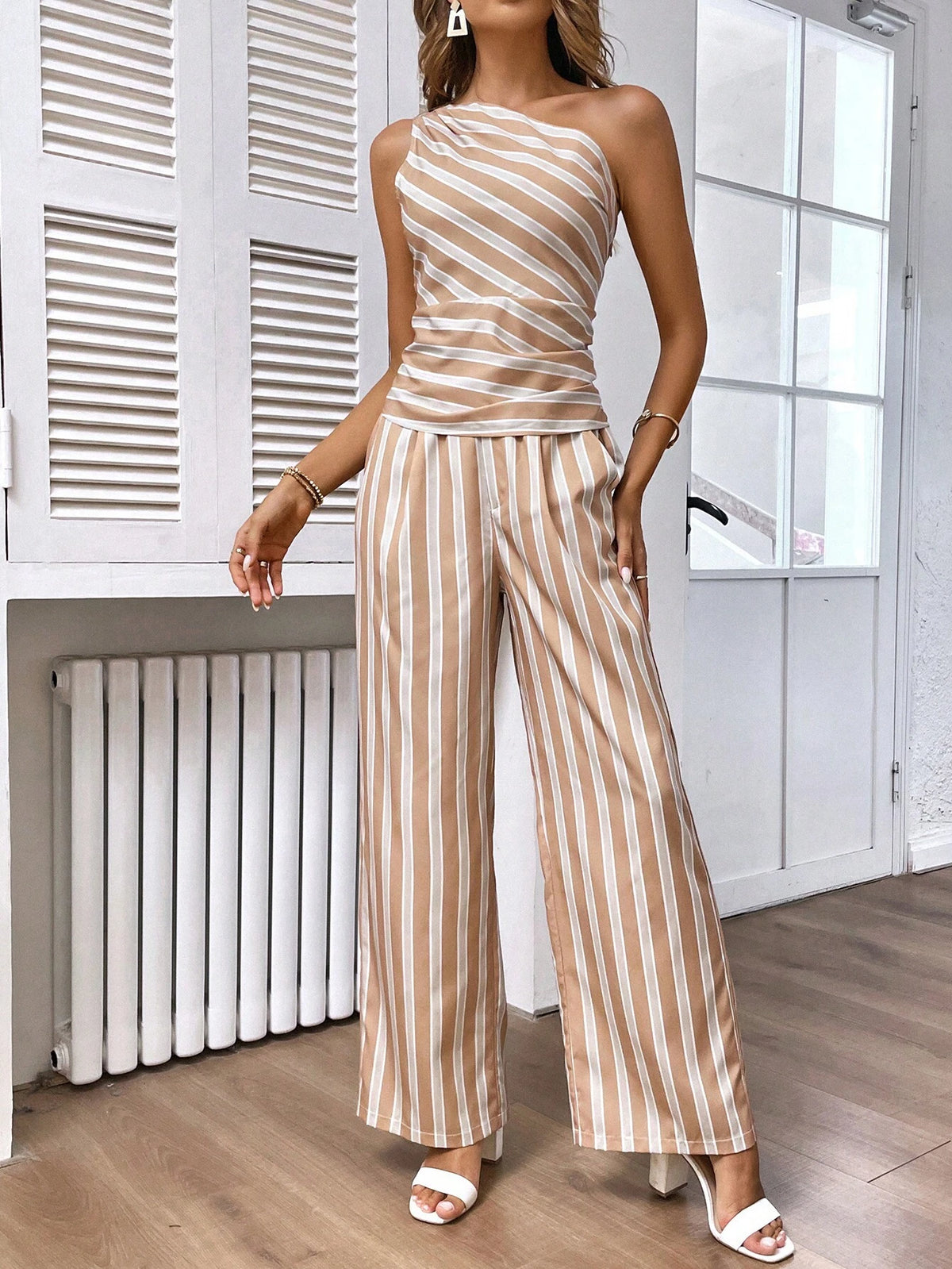 Striped One Shoulder Ruched Top & Pants