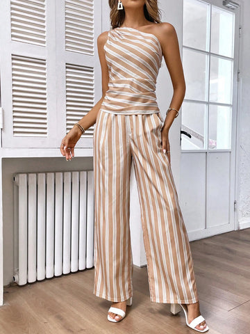 Striped One Shoulder Ruched Top & Pants