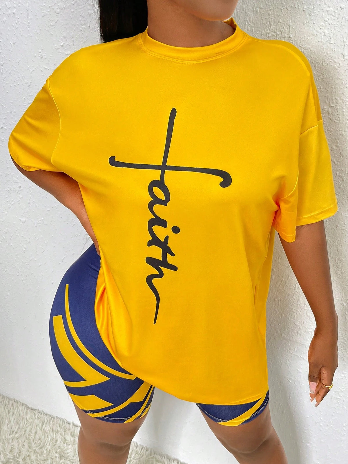Letter Graphic Drop Shoulder Tee & Biker Shorts