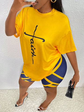 Letter Graphic Drop Shoulder Tee & Biker Shorts