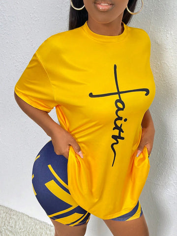 Letter Graphic Drop Shoulder Tee & Biker Shorts