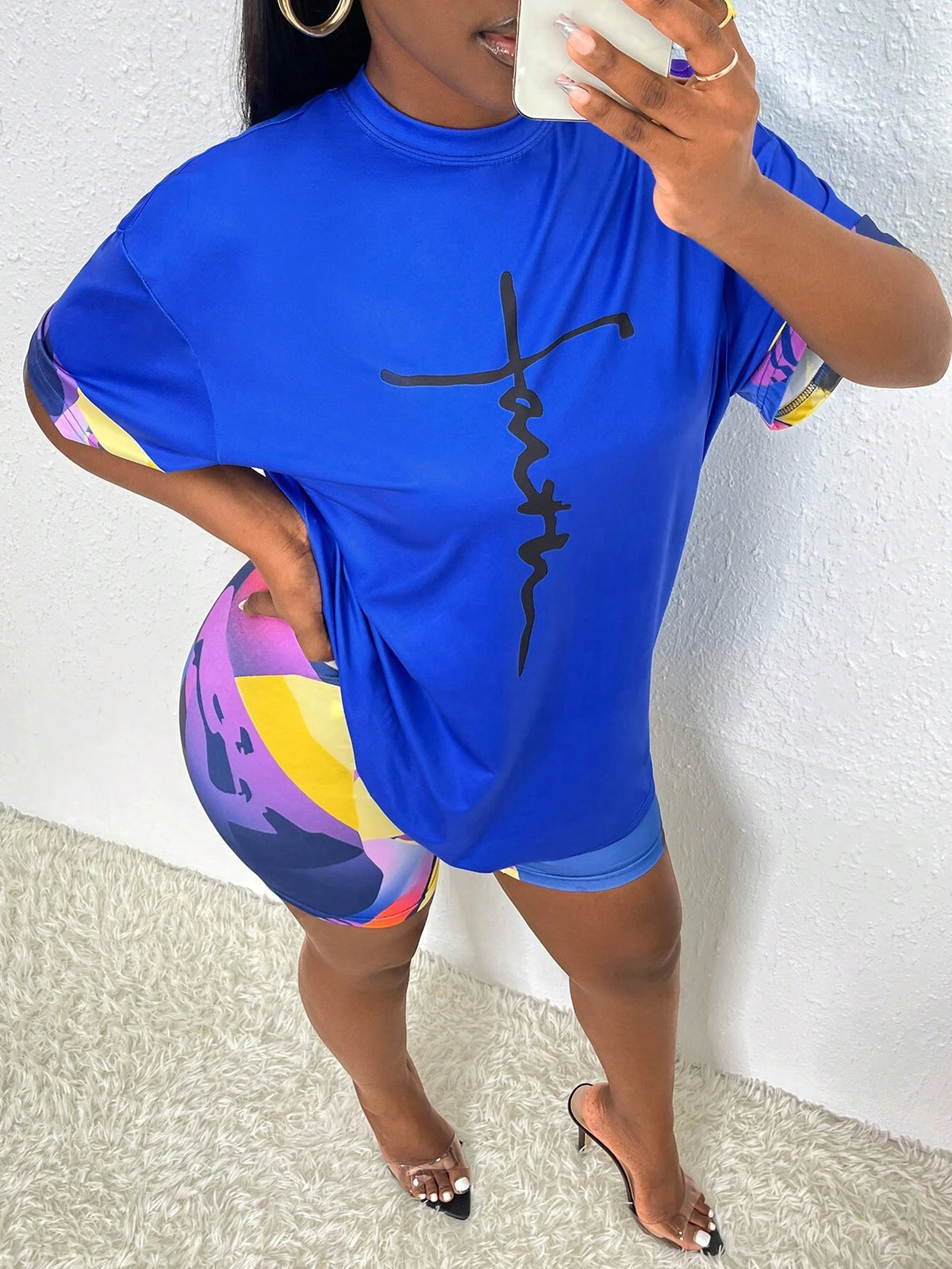 Letter Graphic Drop Shoulder Tee & Biker Shorts