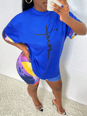 Letter Graphic Drop Shoulder Tee & Biker Shorts
