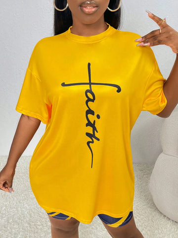Letter Graphic Drop Shoulder Tee & Biker Shorts