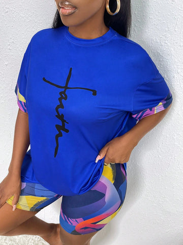 Letter Graphic Drop Shoulder Tee & Biker Shorts