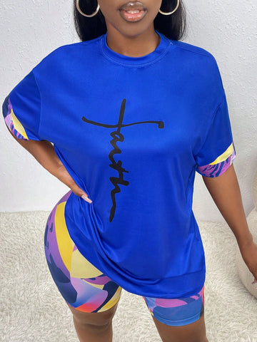 Letter Graphic Drop Shoulder Tee & Biker Shorts