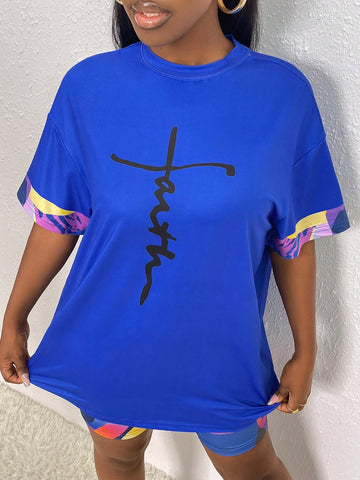 Letter Graphic Drop Shoulder Tee & Biker Shorts