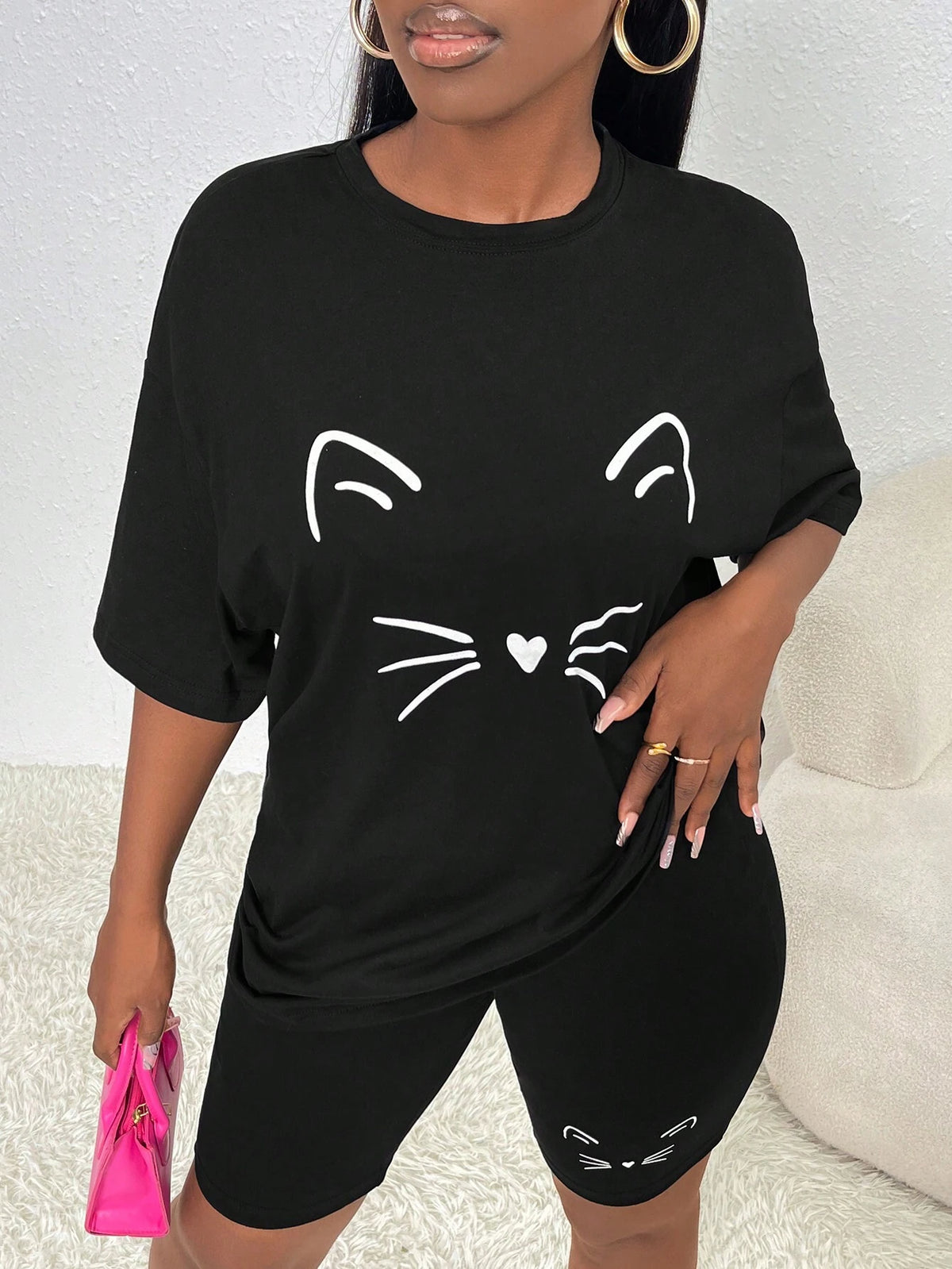 Cartoon Graphic Drop Shoulder Tee & Biker Shorts
