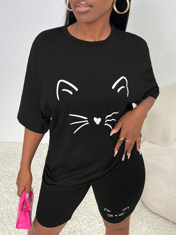 Cartoon Graphic Drop Shoulder Tee & Biker Shorts