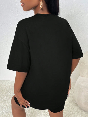 Cartoon Graphic Drop Shoulder Tee & Biker Shorts