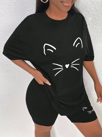 Cartoon Graphic Drop Shoulder Tee & Biker Shorts